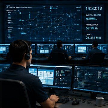 Utility control center operator monitoring grid systems