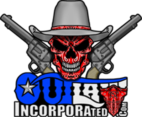 Outlaw Incorporated crest - a red skull in a cowboy hat with crossed six-shooters over a Texas-flag wordmark